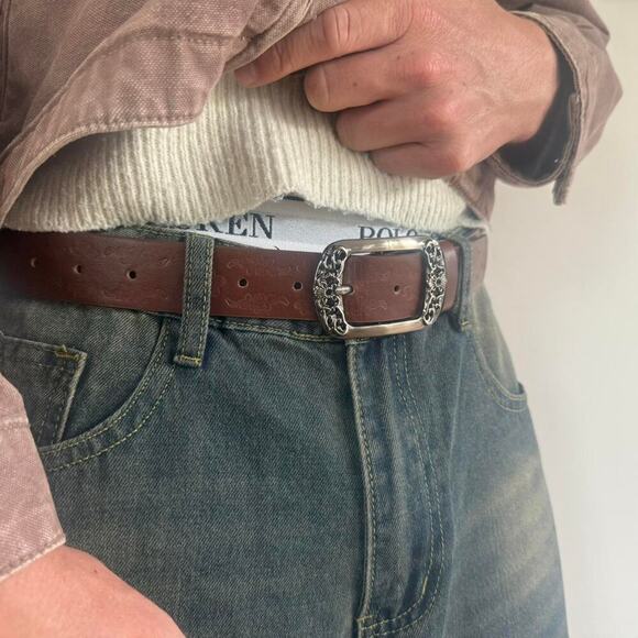 Y2K Style Brown American Western Floral Design Belt - Picture 5 of 8